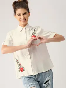 DressBerry Women Off-White Regular Fit Self Design Casual Shirt