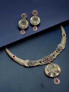 KARATCART Gold-Plated Stone-Studded Necklace & Earring Jewellery Set
