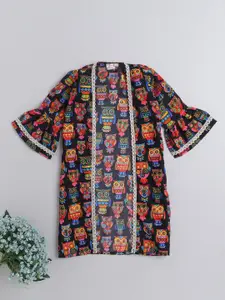 The Magic Wand Girls Printed Front Open Laced Bell Sleeves Shrug