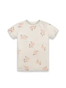 KiddoPanti Girls Floral Printed Pure Cotton T-shirt