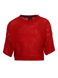 Cayman Girls Red Self Design Woollen Pullover