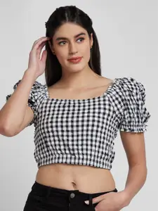 SPYKAR Checked Square Neck Puff Sleeve Cotton Crop Top