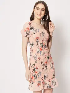 Trend Arrest Smocking Floral Printed Georgette Sheath Dress