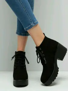 Shoetopia Women Black Solid Heeled Boots