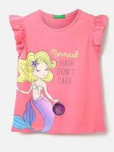 United Colors of Benetton Girls Flutter Sleeves Mermaid Typography Printed Cotton Top