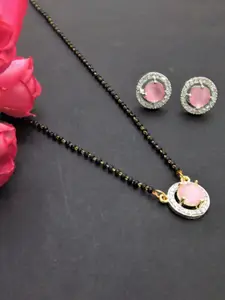 FEMMIBELLA Gold-Plated AD Studded & Beaded Mangalsutra With Earrings