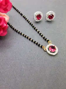FEMMIBELLA Gold Plated AD Stone-Studded & Beaded Mangalsutra With Earrings