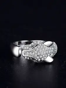 Fashion Frill Silver-Plated & AD Stone-Studded Leopard Design Finger Ring