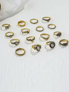 Fashion Frill Set Of 16 Gold-Plated CZ Stone-Studded Boho Finger Ring