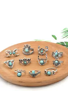 Fashion Frill Set Of 11 Oxidized Silver-Plated CZ Studded Boho Finger Rings