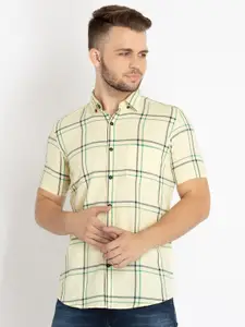 Status Quo Standard Button-Down Collar Slim Fit Windowpane Checked Cotton Casual Shirt