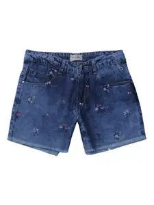 Gini and Jony Girls Floral Printed Washed Mid Rise Denim Shorts