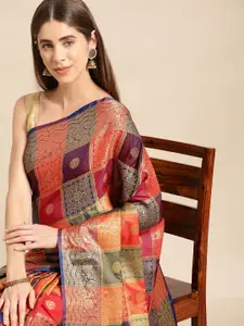 MS RETAIL Woven Design Checked Zari Silk Blend Banarasi Saree