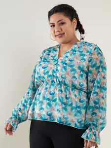 SASSAFRAS Curve Plus Size Floral Printed Cuffed Sleeves Empire Top