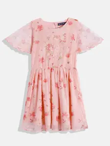 Allen Solly Junior Girls Floral Print Sequined Detail Flared Sleeve Fit & Flare Dress