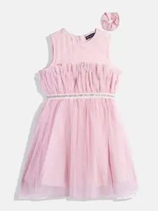 Allen Solly Junior Girls Pleated Fit & Flare Dress With Scrunchie