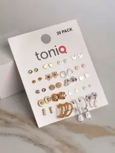 ToniQ Pack of 20 Gold-Plated Floral Studs Earrings