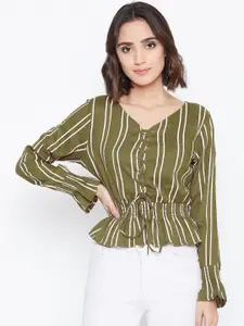 Zastraa Vertical Striped Smocked Cinched Waist Top