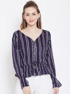 Zastraa Striped V-Neck Tie-Up Bell Sleeves Cinched Waist Top