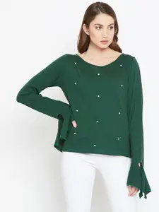 Zastraa Round Neck Embellished Bell Sleeves Top