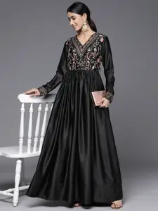 Inddus Floral Thread Work Embroidered Satin Maxi Ethnic Dress