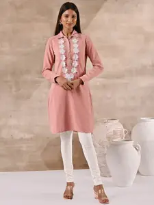 Lakshita Plus Size Striped Shirt Collar Woolen Long Sleeves Lace Work Kurti