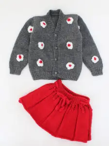 Woonie Girls Self Design Long Sleeves Sweater with Skirt