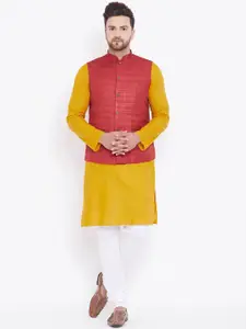 VASTRAMAY Mandarin Collar Kurta With Churidar & Nehru Jacket