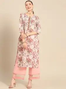 Sangria Floral Printed Mirror Work Straight Kurta