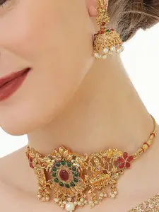 OOMPH Gold-Plated Stone-Studded & Beaded Choker Necklace Set