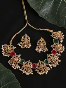 OOMPH Gold-Plated Stone Studded & Beaded Laxmi Design Necklace and Earrings