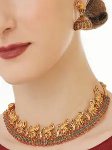 OOMPH Gold-Plated Stone Studded Elephant Design Necklace and Earrings