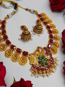 OOMPH Gold-Plated Stone Studded & Beaded Peacock Design Necklace and Earrings