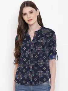 Mayra Print Mandarin Collar Roll-Up Sleeves Shirt Style Top