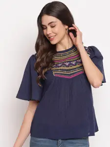 Mayra Flared Sleeves Geometric Embroidered Pure Cotton Top