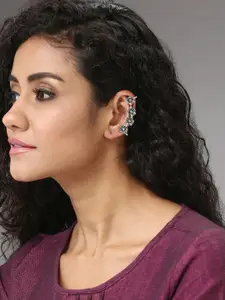 SOHI Oxidised Silver-Plated Floral Ear Cuff Earrings