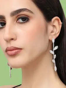 SOHI Silver-Plated Stone Studded Contemporary Drop Earrings