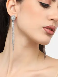 SOHI Silver-Plated Stone Studded Contemporary Tasselled Drop Earrings