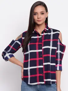 Mayra Cold-Shoulder Sleeves Windowpane Checks Cotton Casual Shirt