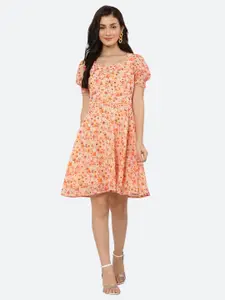 RAASSIO Floral Printed Sweetheart Neck Puff Sleeves Georgette A-Line Dress