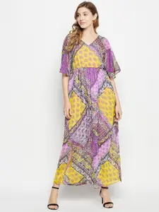 Ruhaans Ethnic Motifs Printed Flared Sleeves Chiffon Maxi Dress