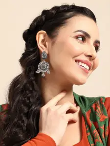 Sangria Oxidised Artificial Stones & Beads Studded Contemporary Jhumkas