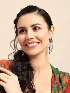 Sangria Oxidised Kundan Studded Triangular Drop Earrings