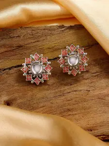 Estele Rhodium-Plated Kundan Studded Floral Studs Earrings