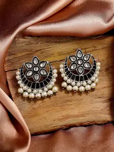 Estele Rhodium Plated Floral Oxidised Drop Earrings