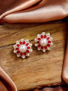 Estele Rhodium-Plated Floral Studs Earrings