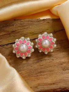 Estele Rhodium-Plated Floral Studs Earrings