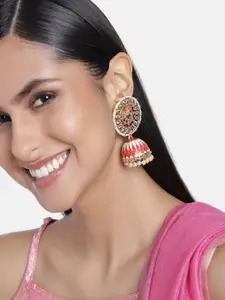 Estele Red Circular Gold Plated Jhumkas Earrings