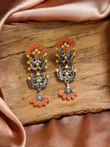 Estele Rhodium-Plated Peacock Shaped Drop Earrings