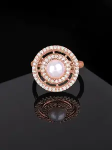 Estele Rose Gold-Plated CZ-Studded & Pearl Beaded Adjustable Finger Ring
